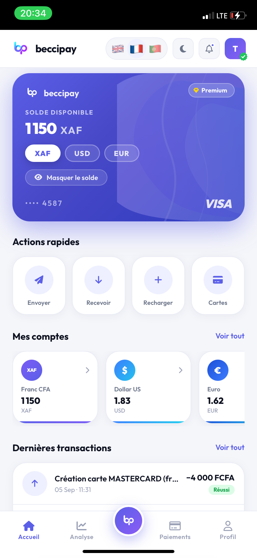 Tableau de bord BecciPay